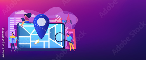 Digital GPS application for smartphones. Geotag sign on city map. Local search optimization, search engine targeting, local SEO strategy concept. Header or footer banner template with copy space.