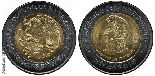 Mexico Mexican bimetallic coin 5 five pesos 2009, subject Bicentenary of Independence, eagle on cactus with snake in beak, uniformed bust of Emperor Augustin de Iturbide left, photo