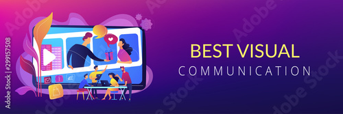 Video chatting, Internet hosting. Market tendencies analyzing. Visual storytelling, eye-catching design trend, best visual communication concept. Header or footer banner template with copy space.