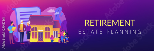Property insurance, testament signing, house buying. Retirement estate planning, inheritance planning, financial advisor and lawyer services concept. Header or footer banner template with copy space.