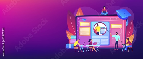 Marketing students create corporate identity. Personal branding course, strategic self-marketing education, personal branding online courses concept. Header or footer banner template with copy space.
