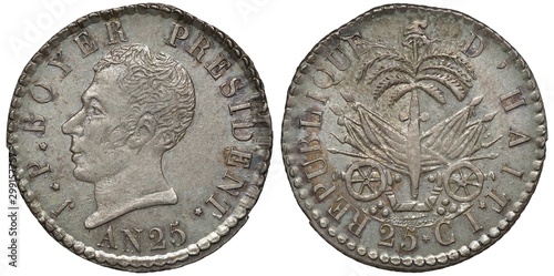 Haiti Haitian silver coin 25 twenty five centimes 1828, head of President Boyer left, arms, palm tree between two cannons, crossed flags behind, photo