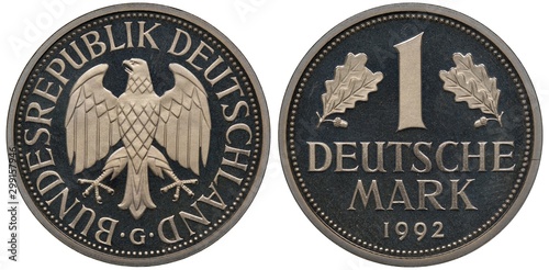 Germany German coin 1 one mark 1982, eagle surrounded by country name, denomination flanked by oak leaves, date below,