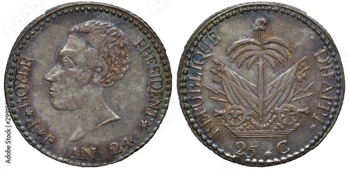 Haiti Haitian silver coin 25 twenty five centimes 1827, younger head of President Boyer left, arms, palm tree between two cannons, crossed flags behind, photo