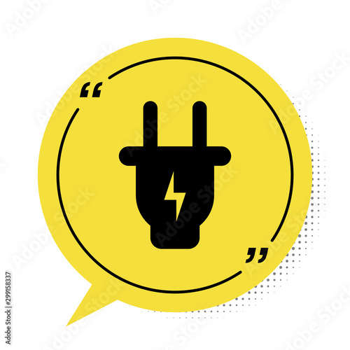 Black Electric plug icon isolated on white background. Concept of connection and disconnection of the electricity. Yellow speech bubble symbol. Vector Illustration