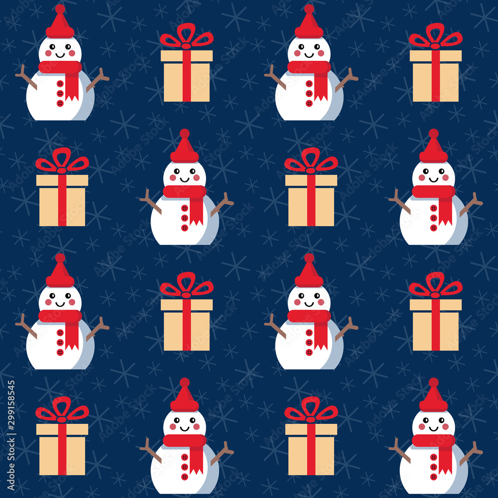 Christmas presents and snowmen. Seamless vector illustration with gift boxes and bows, funny snowmen