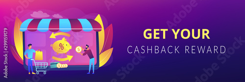 Cost saving. Online payment. Money transfer. Financial savings. Cashback service, online cashback extension, get your cashback reward concept. Header or footer banner template with copy space.