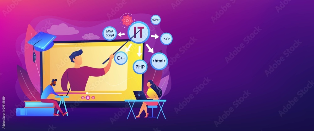 Obraz premium Teaching students online. Internet learning. Computer programming. Online IT courses, best online IT training, online certification courses concept. Header or footer banner template with copy space..