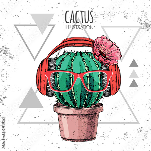 Hand drawing cactus vector illustration with headphones on grunge triangle background
