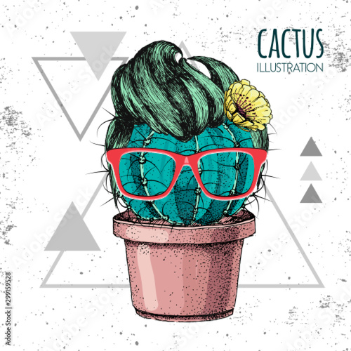 Hand drawing hipster cactus with mustache vector illustration on grunge triangle background