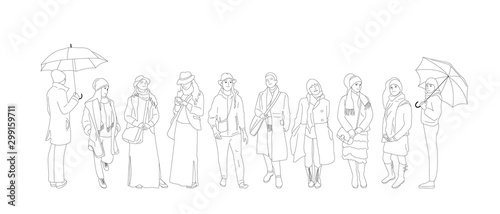 Set of different people characters in cold weather outfit. Crowd of people in different poses, walking, standing outdoors