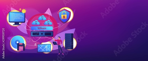 Virtual machines. Operating system and data storage. Virtualization technology, process virtual representation, reduce IT expenses concept. Header or footer banner template with copy space..