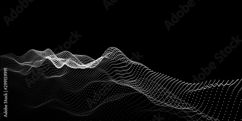 Abstract background wave grid from dots on black. Technology concept. Vector illustration.