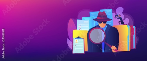 Secret agent searching clues and spying investigating case. Private investigation, private detective agency, private investigator services concept. Header or footer banner template with copy space. photo