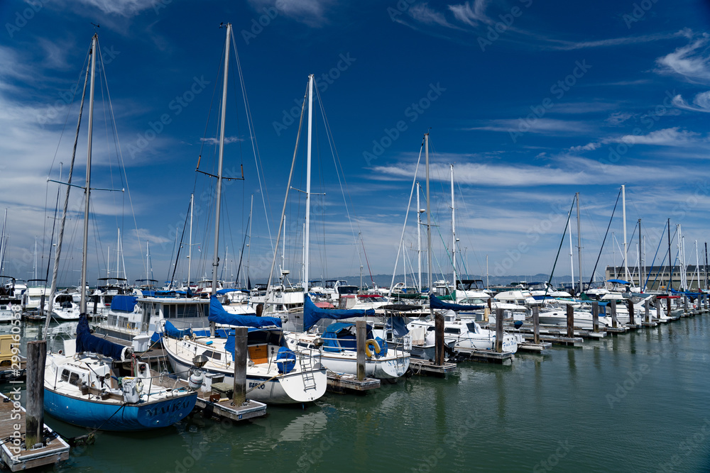 Masts of ships rise up from a vast array of boats docked in this compression shot of a marina along the bay