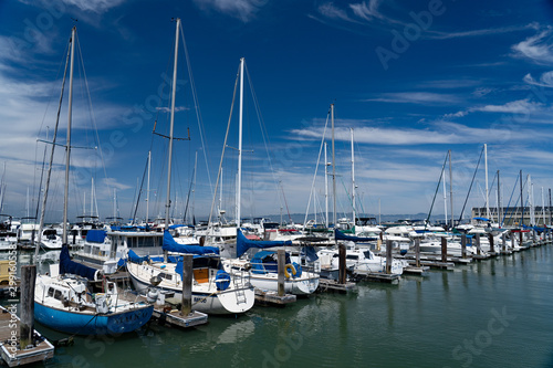 Masts of ships rise up from a vast array of boats docked in this compression shot of a marina along the bay