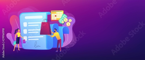 Installment purchase offer, shopping business, convenient customer service. Deferment of payment, net payment terms, buy now pay later concept. Header or footer banner template with copy space.