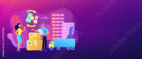 Payment collection, parcel return. Express transportation business. Cash on delivery COD, collect on delivery, full payment at delivery concept. Header or footer banner template with copy space.