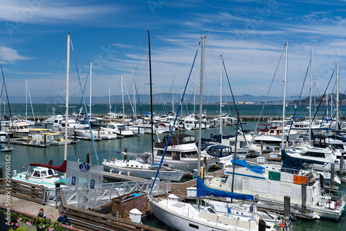 Masts of ships rise up from a vast array of boats docked in this compression shot of a marina along the bay