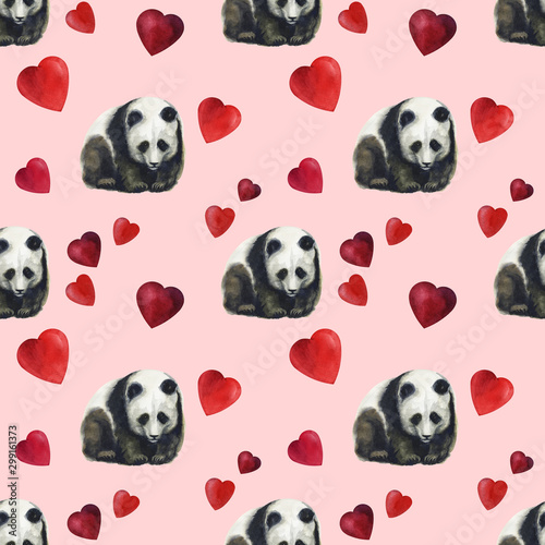 Hand drawn watercolor pattern with panda, bamboo leaves. Seamless patterns