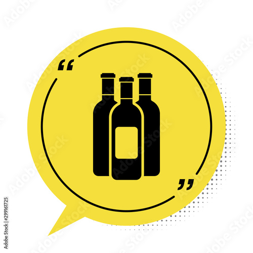 Black Bottles of wine icon isolated on white background. Yellow speech bubble symbol. Vector Illustration