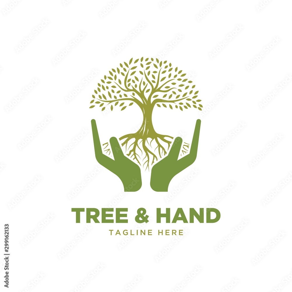 Obraz premium Tree and hand symbol logo design vector template