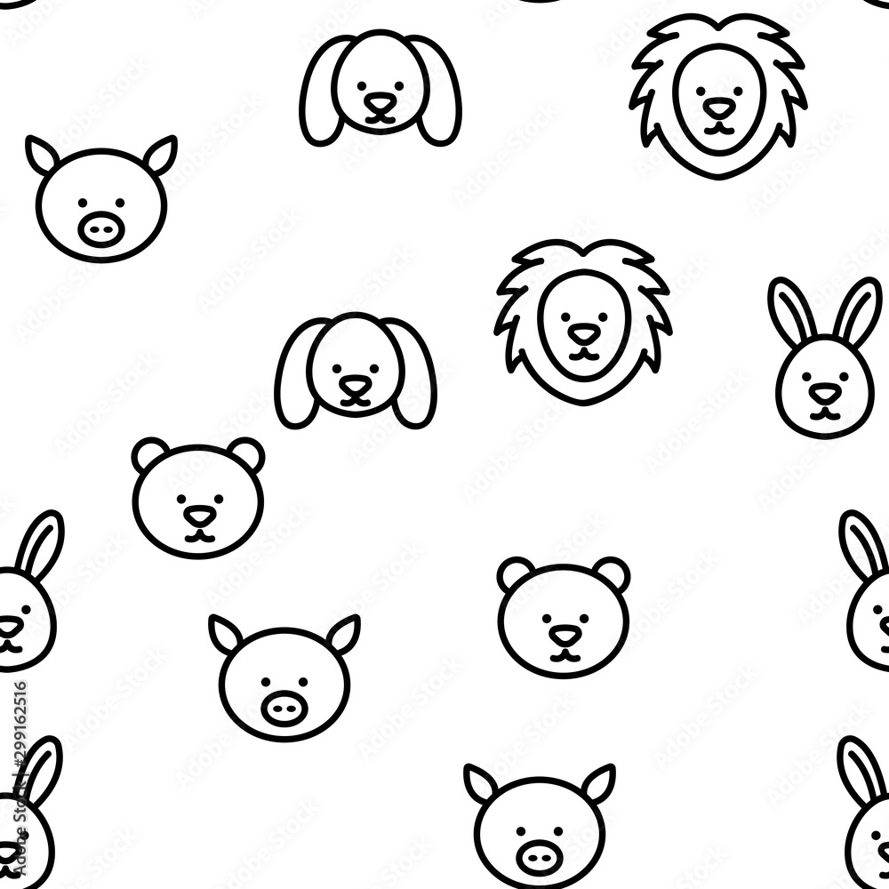 Animals Collection Wild And Farm Vector Seamless Pattern Thin Line Illustration
