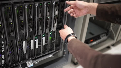 The server room tells the computer server that is working continuously. Convey the power and progress.