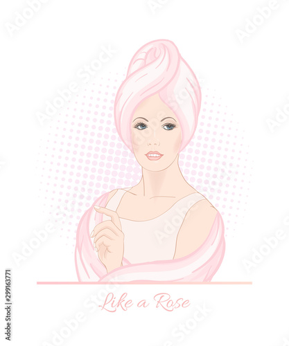 Beautiful woman 30-39 or 40-49 woman with a towel on her head. Hand drawn portrait, vector line art illustration in pink colors.