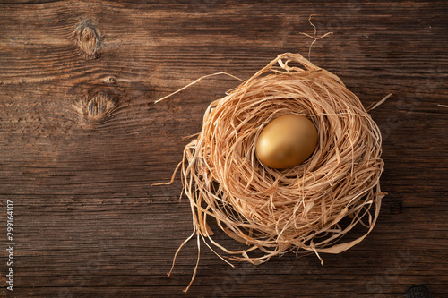 Unique and valuable golden egg with nest on wooden background. photo