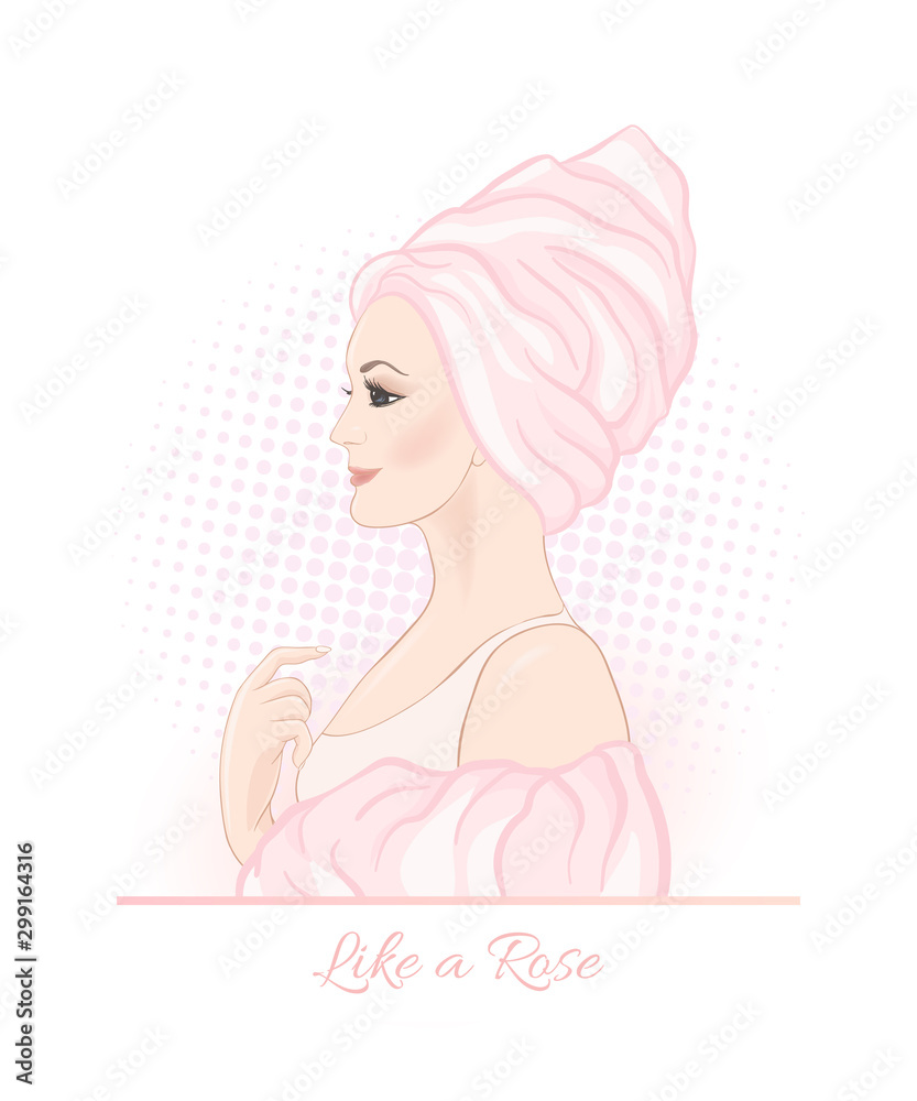 Beautiful woman 30-39 or 40-49 woman with a towel on her head. Hand drawn portrait, vector line art illustration in pink colors.