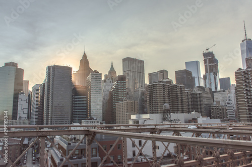 View of New York city from Brooklyn Bridge at dawn, nobody ,background.