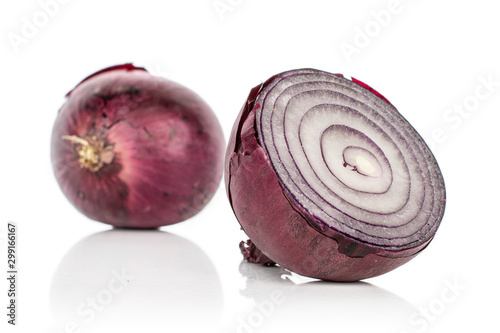 Group of one whole one half of tasty onion red isolated on white background