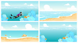 Scubadiving flat vector illustrations set. Underwater swimming sportswoman. Deep ocean diving. Sea wildlife wallpaper. Outdoor activities. Summer vacation. Extreme sport. Cartoon character
