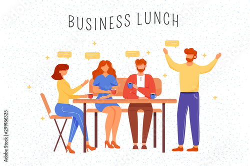 Business lunch flat vector illustration. Office workers in cafe drinking coffee and chatting. Partners discussing project cartoon characters. Business people conference, coworkers teamwork concept