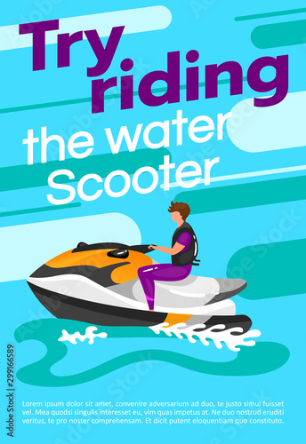Try riding the water scooter poster vector template. Watersport. Brochure, cover, booklet page concept design with flat illustrations. Extreme sport. Advertising flyer, leaflet, banner layout idea
