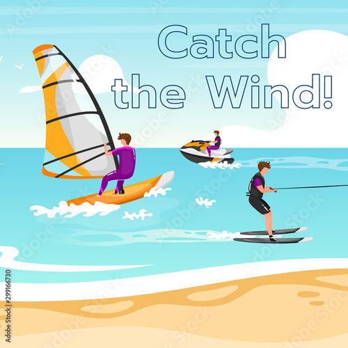 Catch the wind social media post mockup. Extreme water sport. Inspirational web banner design template. Social media booster, content layout. Motivational poster, print ads with flat illustrations