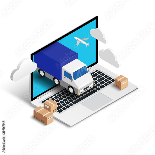 Shipping service online isometric concept with laptop, truck, plane, boxes isolated on white background. Logistic digital shopping advert 3d design. Vector illustration for web, banner, ui, mobile app