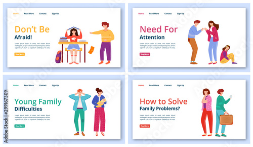 Trouble relationship landing page vector template set. Young families difficulties website interface idea with flat illustrations. Solving problems homepage layout, webpage cartoon concept