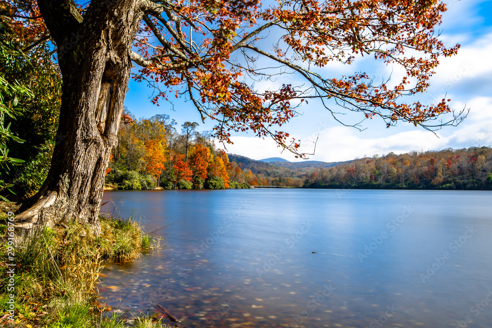 Scenic landscape view of Price Lake, Blue Ridge Parkway in fall season Scenic landscape view of Price Lake, Blue Ridge Parkway in fall season