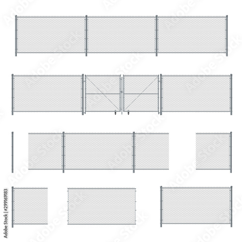 Various elements of wire fence: gate, posts, stainless steel mesh.