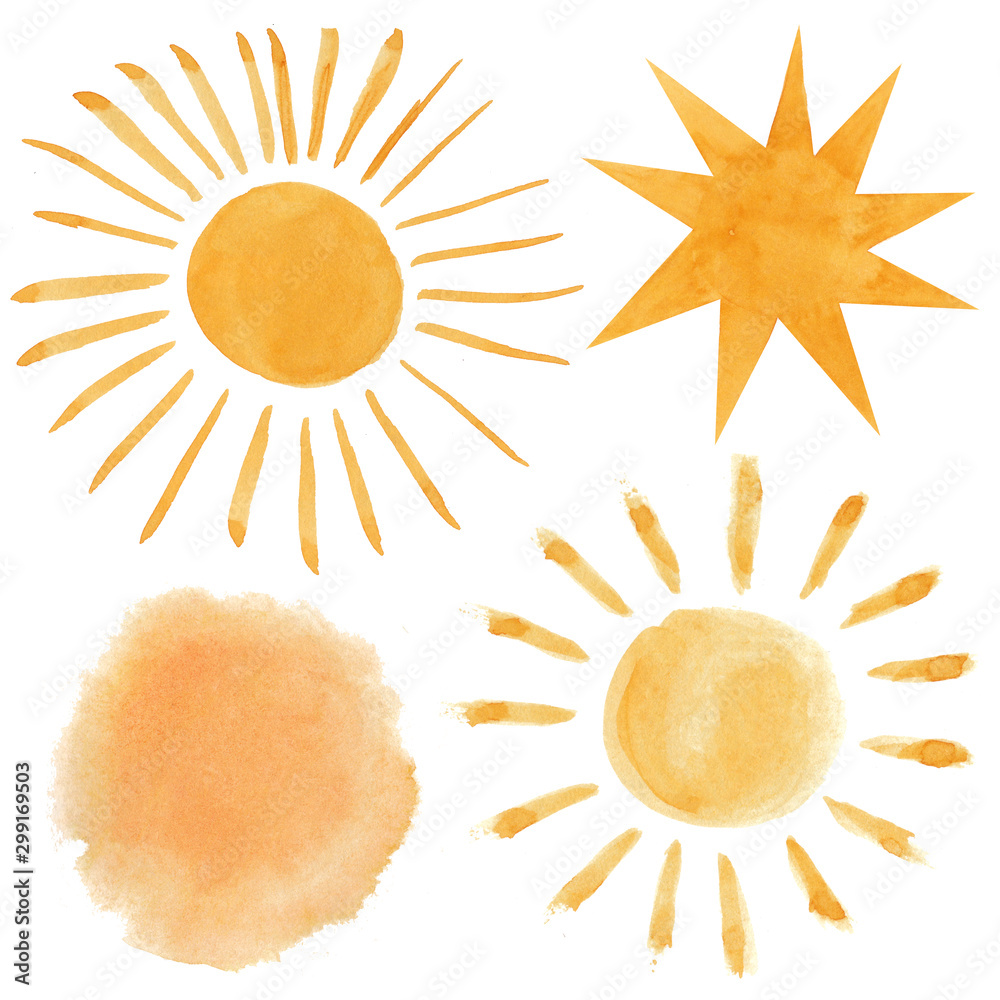 Yellow shiny sun set, watercolor hand drawn abstract illustration isolated on white background. - obrazy, fototapety, plakaty 