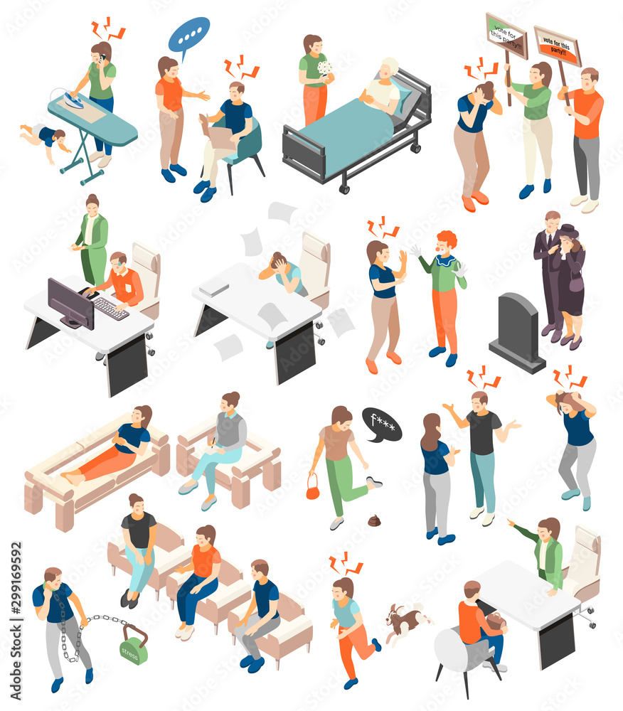 Depression Stress Isometric Icons 