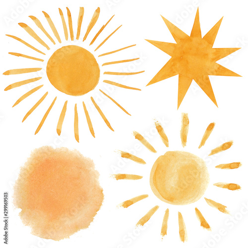 Yellow shiny sun set, watercolor hand drawn abstract illustration isolated on white background.