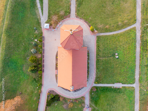 The top view of the old church in Zaslavl, Belarus. Drone aerial shot photo