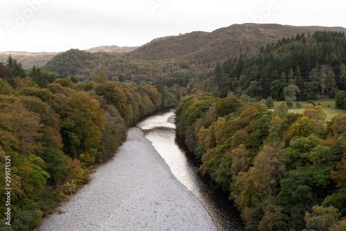 View of River Garry near Pitlochry in the area of Perth and Kinross in Scotland. Taken in autumn, october, overcast day.