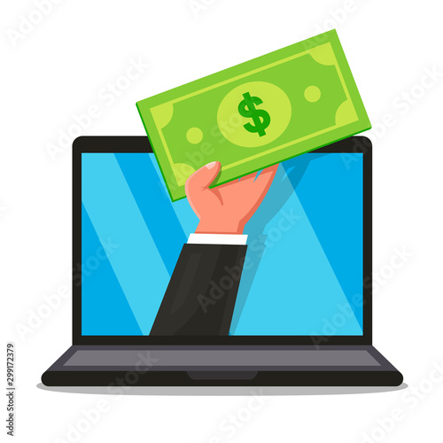 Fotografie a hand with a bill in hand peeks out of a laptop monitor