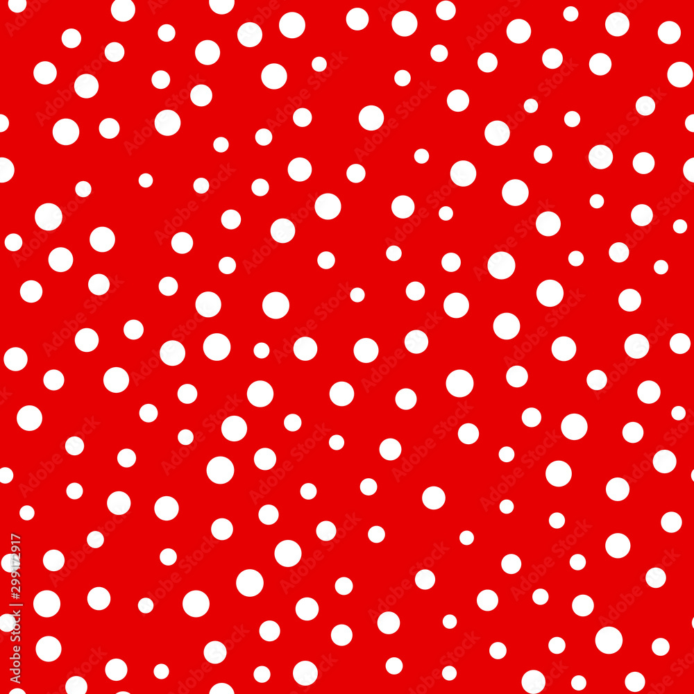 Random scattered polka dot pattern, abstract red and white background, white dots on red. Stock