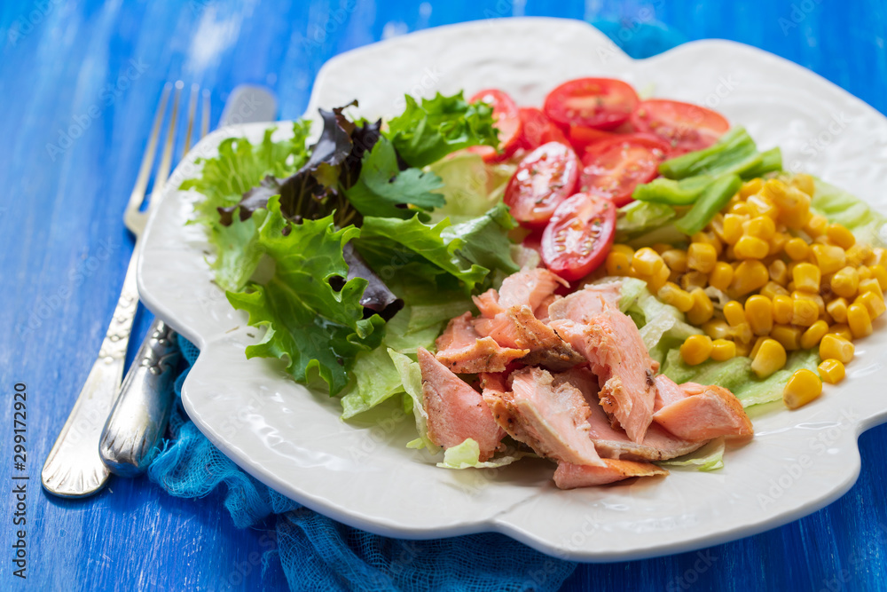 fresh salad with salmon on white dish fresh salad with salmon on white dish