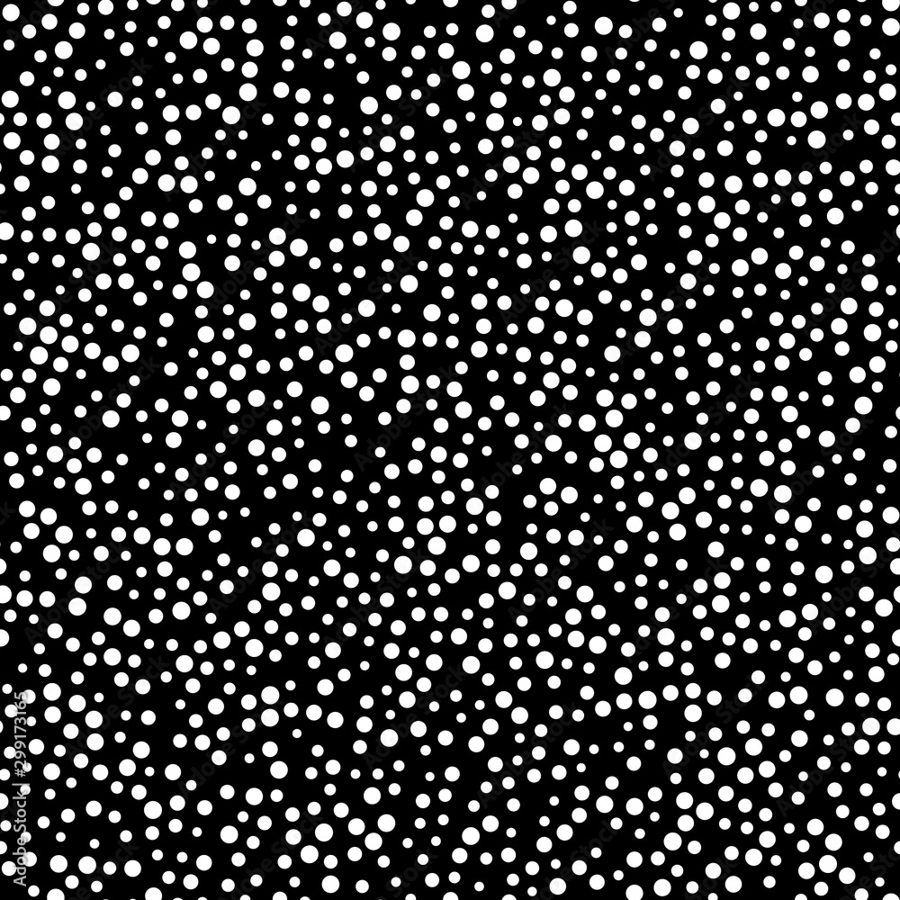 Random scattered polka dot pattern, abstract black and white background, white dots on black.